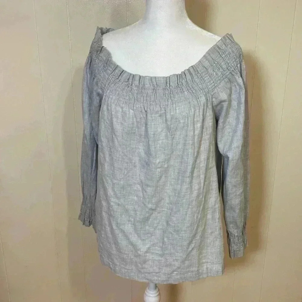 Loft Gray Blue Off Shoulder, Smocked Long Sleeve Top, Size Small.